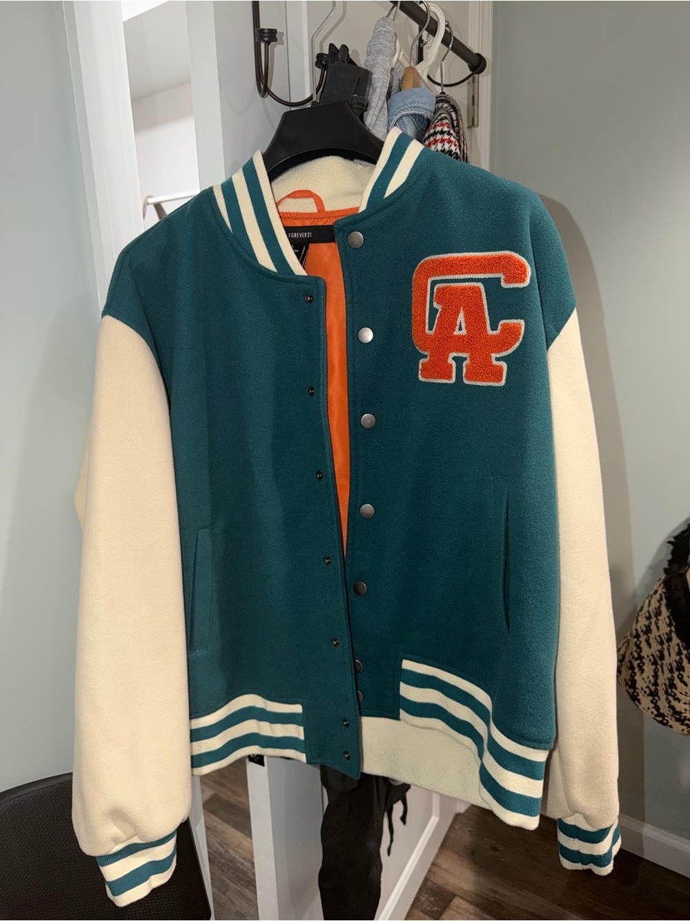 Forever 21 Varsity Bomber Jacket Teal Orange Colorblock Letterman Coat
